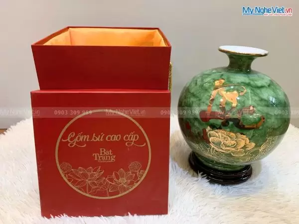 Bình thu tài hút lộc men vân đá (xanh) Lộc Phúc H25cm