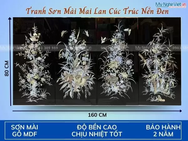 Quà Tân Gia - Bộ Tranh Sơn Mài Mai Lan Cúc Trúc Nền Đen